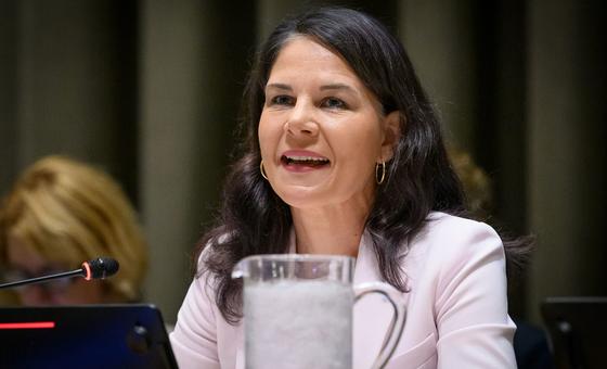 Former Foreign Minister Annalena Baerbock of Germany speaks during the General Assembly informal interactive dialogue with the candidate for the position of President of the General Assembly for the eightieth session.